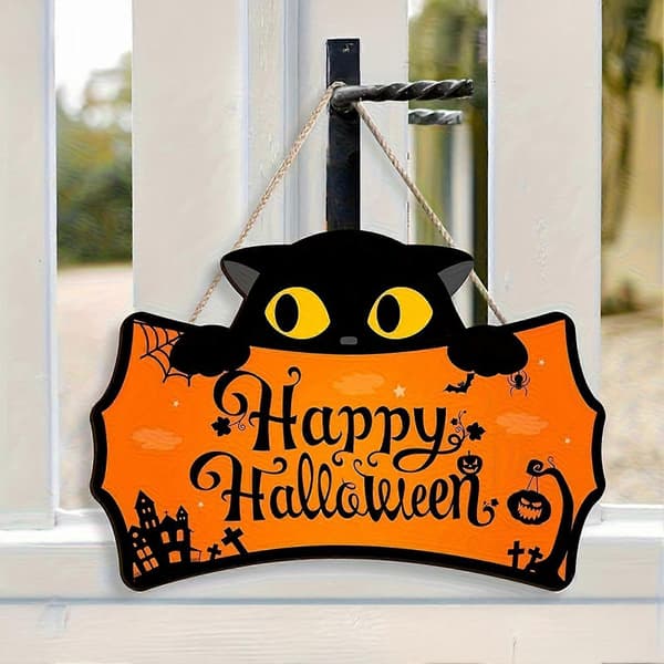 Sort Kat Trædørskilt – Græskar Slotsdesign – til Halloween-udsmykning Orange