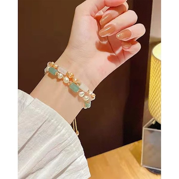 Naturlig jade perlearmbånd gull rikdom lykke jade armbånd amulett for kvinner, heldig jade feng shui helbredende krystallarmbånd…