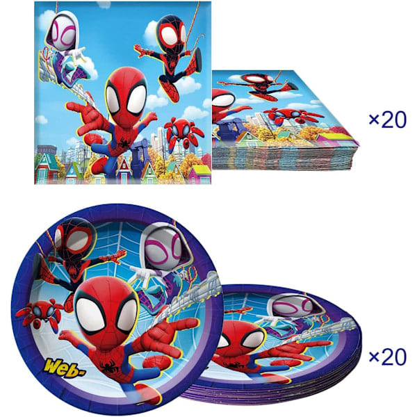 Spidey og hans fantastiske venner bursdagstema sett, 20 stk tallerkener og 20 stk servietter