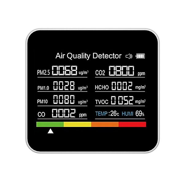 9 i 1 Luftkvalitetsmåler CO2-måler Karbondioksiddetektor CO2 CO TVOC HCHO PM2.5 PM1.0 PM10 Tempe
