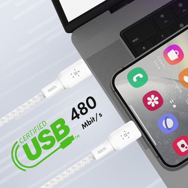 USB-kabel 100W Nylonflettet 3 meter White