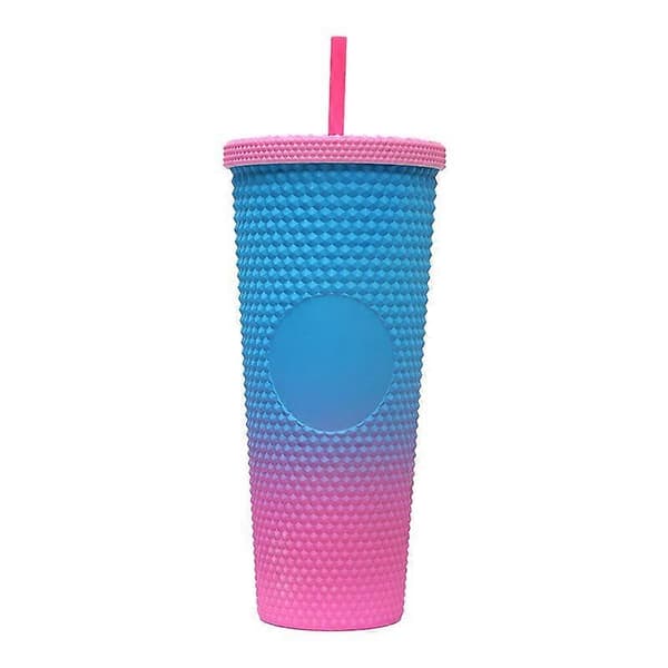 Gradient Himmelsblå Rosa 701-800ml Dubbellagers Plastmugg med Sugrör, Stor Kapacitet, Kreativ, Galvaniserad Gradientfärg, Durianformad Mugg