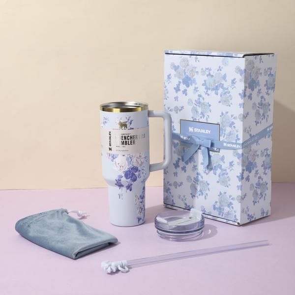 Högkvalitativ blommig presentförpackning ismugg 40oz bilmugg stor kapacitet vakuum bärbar sugrörsmugg ismugg Presentförpackning blommor blå