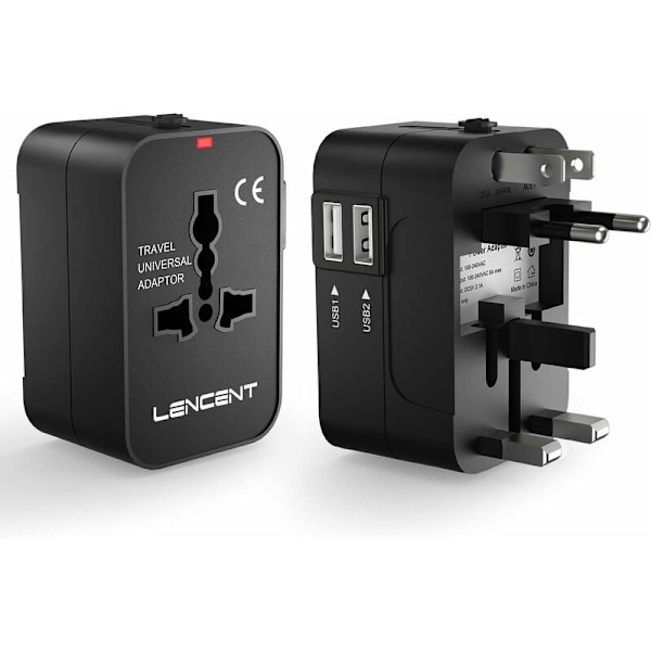 Rejseadapter, Universal /EU/US/AU-stik International Rejse Stikdåse med 2 USB-porte til over 200 lande