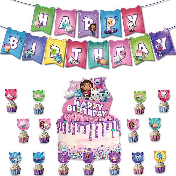 \"Gabby's Dollhouse-tema Barn Flickor Födelsedagsfest Tillbehör Kit Banner Ballonger Tårtdekorationer Dekorationsset (FMY)\"