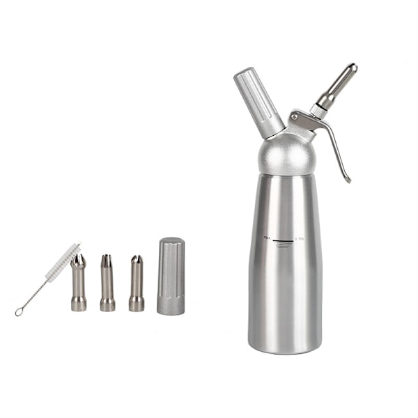 500 ml Flødeskum Apparat/Pisk af Aluminium med 3 Dekorationsdyser i Rustfrit Stål og 1 Rengøringsbørste, Lækagesikker