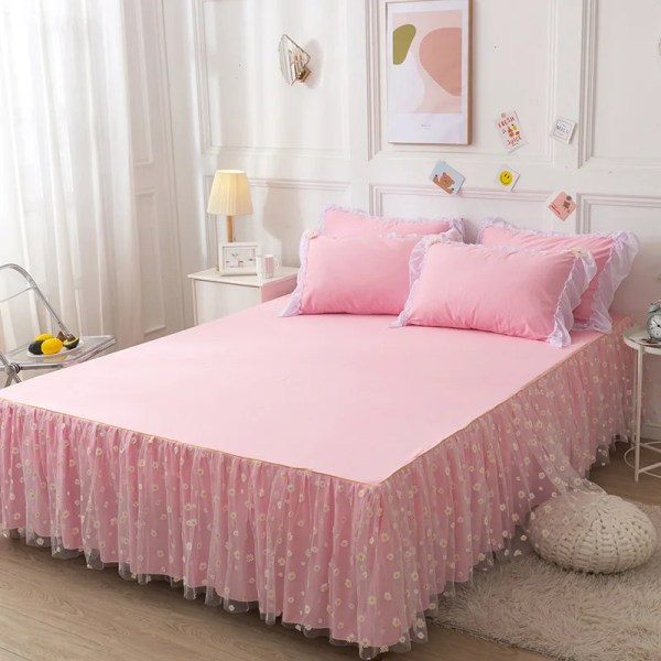 Pink Lace Lotus Leaf Lace Bed Skirts Princess Style Solid Color Bedspread Bed Cover Non-Slip Sheets Without Pillowcase
