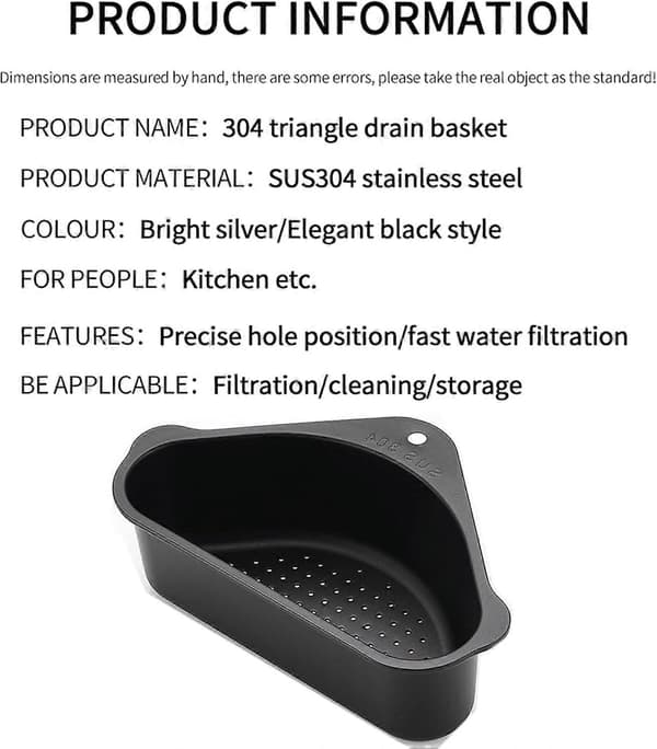 Sink Strainer Basket, Triangular Sink Strainer Basket Storage Rack Suction Cup, Sink Corner Hanging Basket Shelf Sink Basket for Kitchen Black