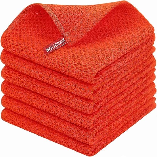 Waffle Weave Cotton Kitchen Towels, Quick Dry Absorbent Cleaning Cloths with Hanging Loop for Kitchen, 6-Pack Orange 34 x 34 cm Orange
