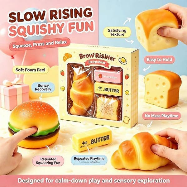 Mat-tema Knapriga Squishy Fidget-leksaker 6-pack, ASMR Kläm-sensoriska leksaker, Söta Smörpudding Jordnöts Stressavlastande Squishies, Nyhet Skrivbordslekset C