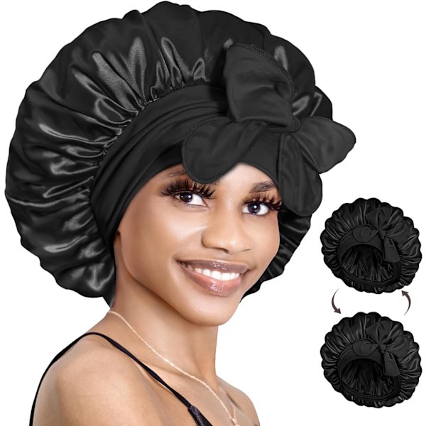 Reversible Satin Bonnet for Sleeping Adjustable Silk Hair Cap for Women Night Head Wrap for Curly Long Braid Tresse Wigs, Black