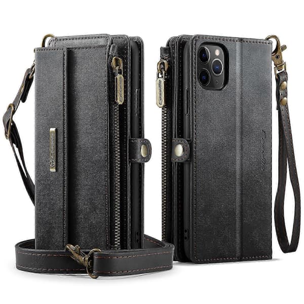 Kompatibel med iPhone 11 Pro-fodral CASEME C39 RFID-blixtlåsplånbok stativ läderfodral med rem Black