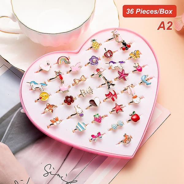36 st/låda Barns tecknade ringar Godis Blomma Djur Rosett Form Ring Set A1 1 Box