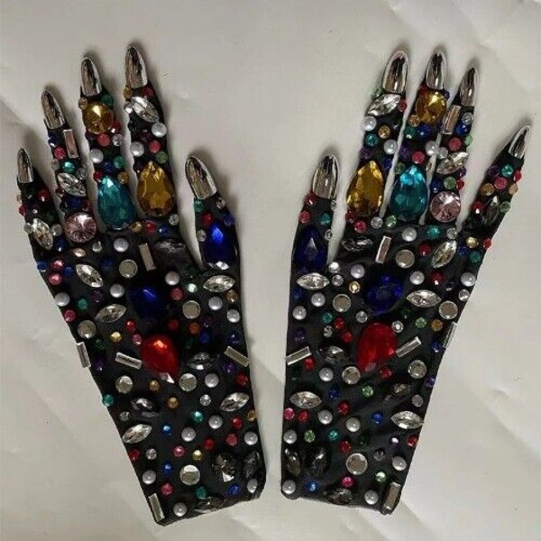 Sexy Luxurious Rhinestone Mesh Gloves Shining Crystal Short Gloves Performance