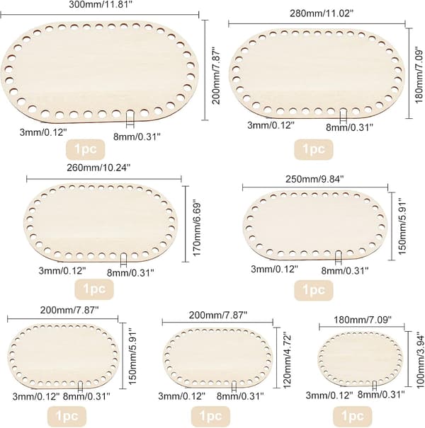 7 størrelser Naturlig Tre Kurvbunn, Oval Hvit Solid Heklet Ba
