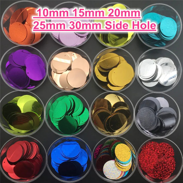 10mm 15mm 20mm 25mm 30mm PVC Flat Round loose Sequins Paillettes sewing Wedding Craft Accessories with 1 side hole
