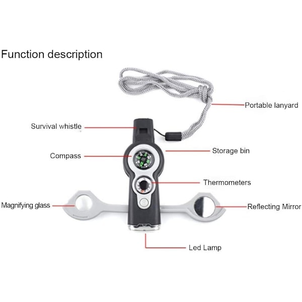 Utomhus multifunktionell 7-i-1 visselpipa med LED-ljus, termometer och kompass