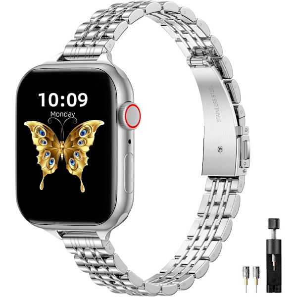 Metallarmband Kompatibelt med Apple Watch, Justerbart för iWatch Series 9 8 7 6 5 4 3 2 1 SE 2/1 Ultra 2/1, Silver 38/40/41 mm
