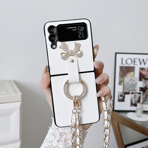 PU Läderfodral Kompatibelt Med Samsung Galaxy Z Flip 3/4, Crossbody Snodd Skyddande Skal Med Ringhållare För Galaxy Z Flip 3 Vit