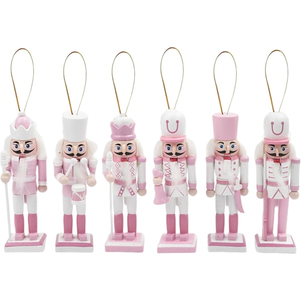 6 stk 12 cm rosa julepynt i tre, nøtteknekker-soldat, julepynt, mini nøtteknekker-figurer, hengende pynt