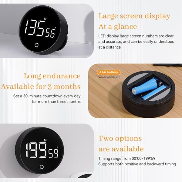 Digital køkkentimer (sort) - Visuel timer stor LED-skærm magnetisk stativ nedtællingstimer justerbar lydstyrke og