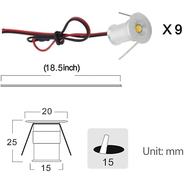 Svarta 9st Mini 12V 1W LED Inbyggda Spotlights för Kök, Trappor, DIY-Belysning, Varmvit