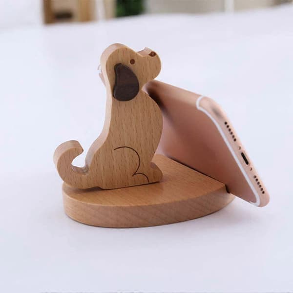 Telefonholder i træ, sød hund