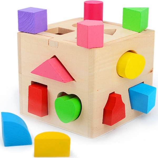 Intelligensboks i tre for barn, leker for formmatching, opplysende treleke med tretten hull, 13-hulls byggeklosser.