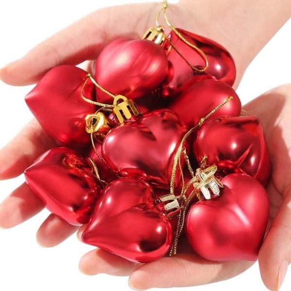 12 stycken röda hjärtformade julgranskulor, glänsande och matta hjärtformade julgranskulor för alla hjärtans dag-dekorationer, hjärtformade julgranskulor
