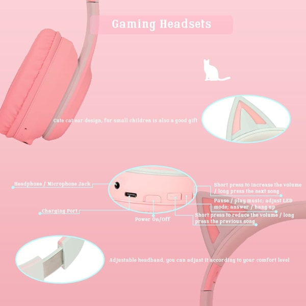 Trådlösa spelheadset via Bluetooth 5,1/3,5 mm AUX-kabel, hopfällbara hörlurar med 7 färger LED-lampor och 4 LED-lägen för flickor, vuxna (rosa)