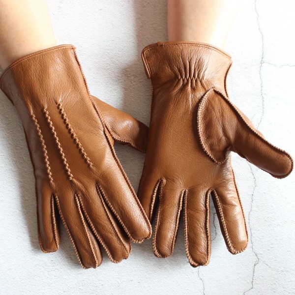 Men's Buckskin Fashion Velvet Lining Warm Outer Seam Genuine Leather Gloves Outdoor Riding Champagne Gloves