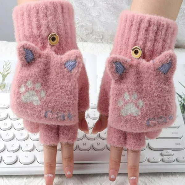 Warm Cat Paw Gloves Flip Cover Fingerless Gloves Soft Women Cute Cartoon Half-finger Knitted Plus Velvet Riding Gloves
