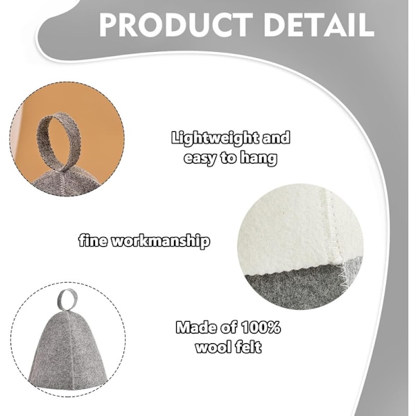2 st Bastuhuvor, Original Ull, Bekväm och Andningsbar för Bastu, 100 % Naturliga Filt Bastutillbehör (Grå och Vit)