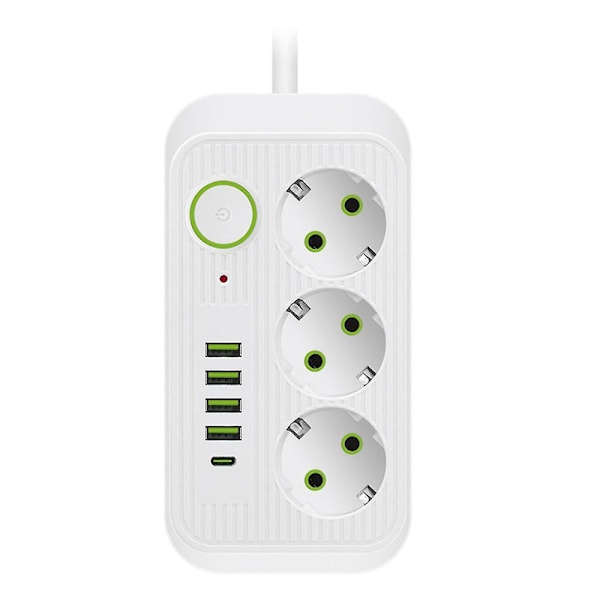 Vit 2M EU-kontakt Multi-Standard Stikkontakt Skjøteledning Strømstripe med USB Type-C Hurtiglading Nett DB