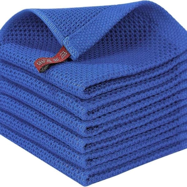 Cotton Waffle Weave Kitchen Towels, Quick-Drying Absorbent Cleaning Cloths with Hanging Loop for Kitchen, 34 x 34 cm Azure Blue 6-Pack Azure