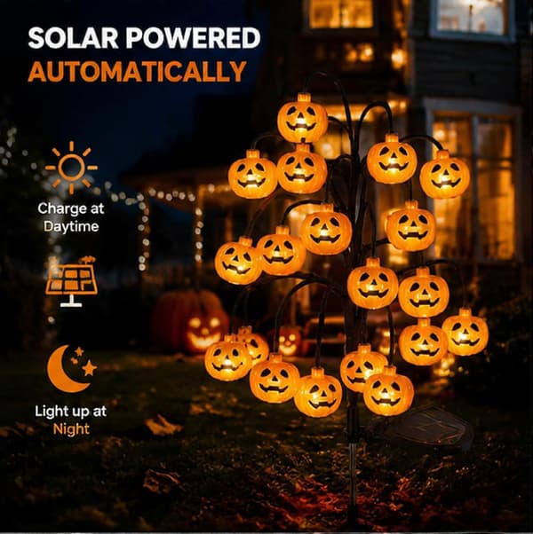 Halloween Solcellelys med Spyd 20 Gresskar LED Solcelle Stielys green