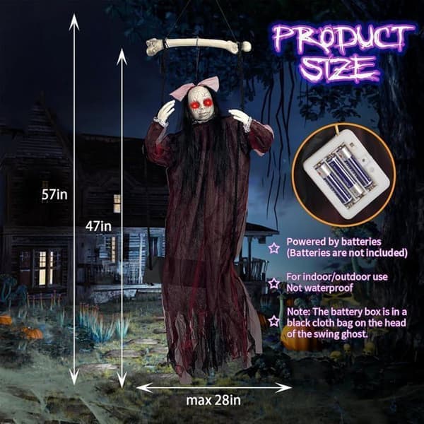 Halloween Decorations, Hanging Ghost Swing with Voice Control, Scary Sounds/Glowing Eyes, Halloween Animatronic