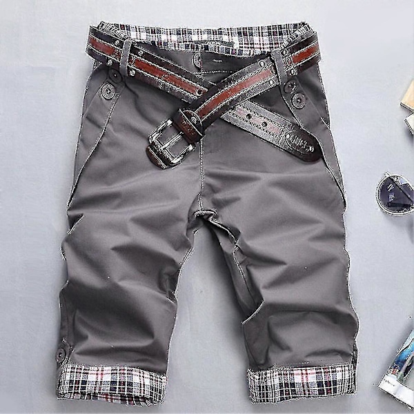 Herre Rutete Lappeteppe Lommer Knapper Femte Bukser Løse Strandshorts Tw Grey 2XL