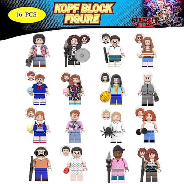 16-delt Stranger Things actionfigur byggesett, 4,5 cm, inkluderer Jonathan, Nancy og Eleven.
