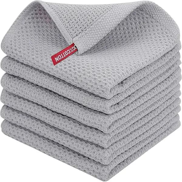 6-pack Cotton Waffle Weave Kitchen Towels, Quick-Drying, Absorbent Cleaning Cloths for Kitchen Use with Hanging Loop, Light Grey 34 x 34 cm Light grey