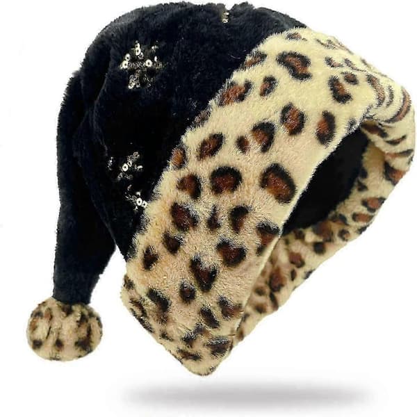 Sort Julemandshue med Leopardprint Julemandshue med Pailletter Blød Julepynt