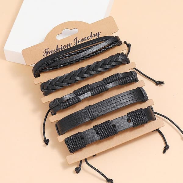 Håndlavede læderarmbånd, 5-pak Svart