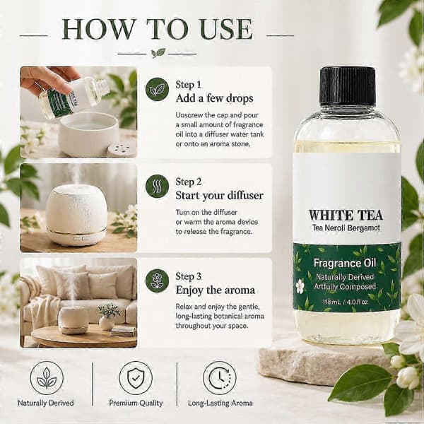 Hvit Te Diffuserolje 118ml Eterisk Olje for Ultralyd- og Vannfri Diffuser, Luftfrisker og Romduft Langvarig med Noter av Te, Neroli & 1pcs