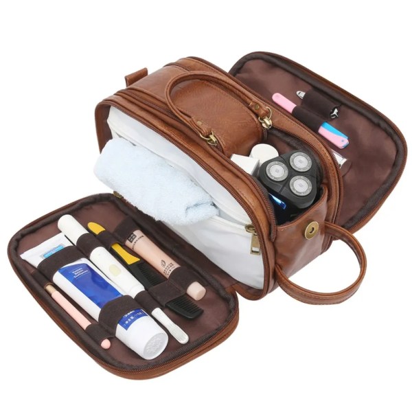 Waterproof Vintage Men Leather Toiletry Bag Travel Wash Case Pouch Shaving Kit Bathroom PU Makeup Organizer Cosmetic Bag