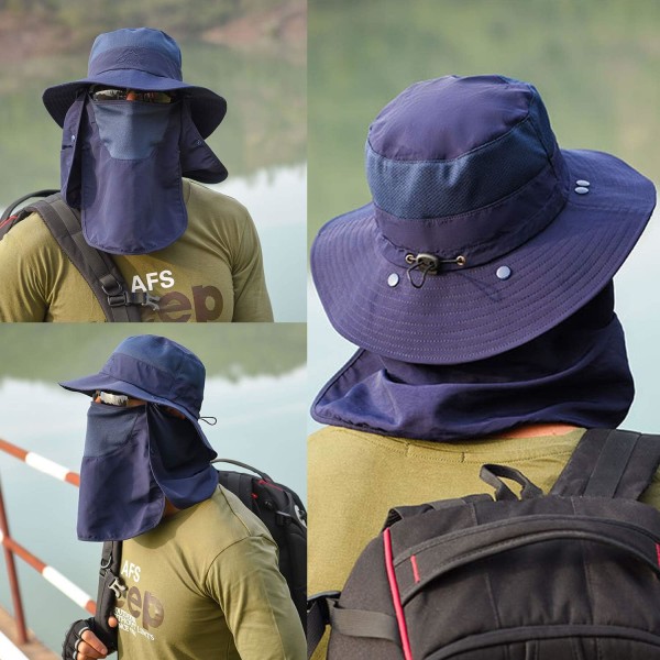 Miesten ja naisten kalastushatut naamioilla, leveälieriset ranta-aurinkohatut, mesh kalastajien hatut CAN taittaa (tummansininen)