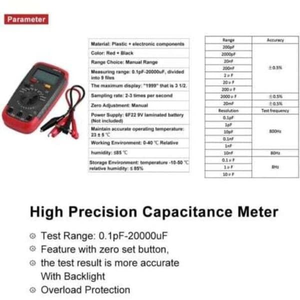 Professional Capacitance Meter, Digital Capacitor Tester 0.1pF - 20000uF with LCD Backlight and Protective Jacket Max 1999