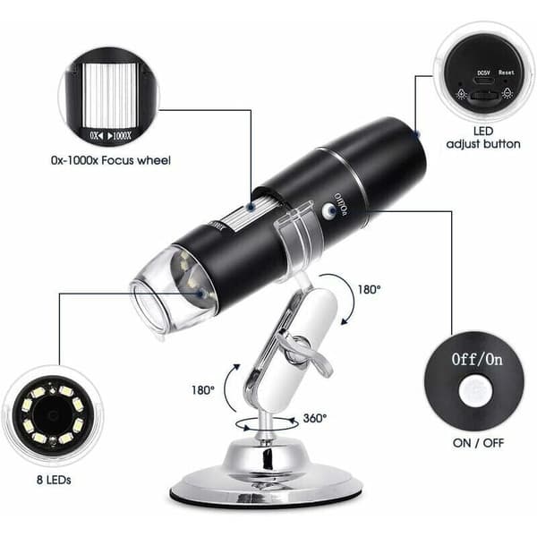 Digital Microscope, WiFi Endoscope 50X-1000X, Metal Stand, Compatible with Android and iOS Smartphones or Tablets