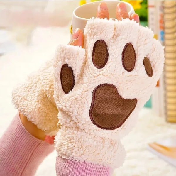 Winter Women Cute Cat Paw Gloves Thickened Finger Tips Plush Material String Half Finger Gloves Natural Sweet Style