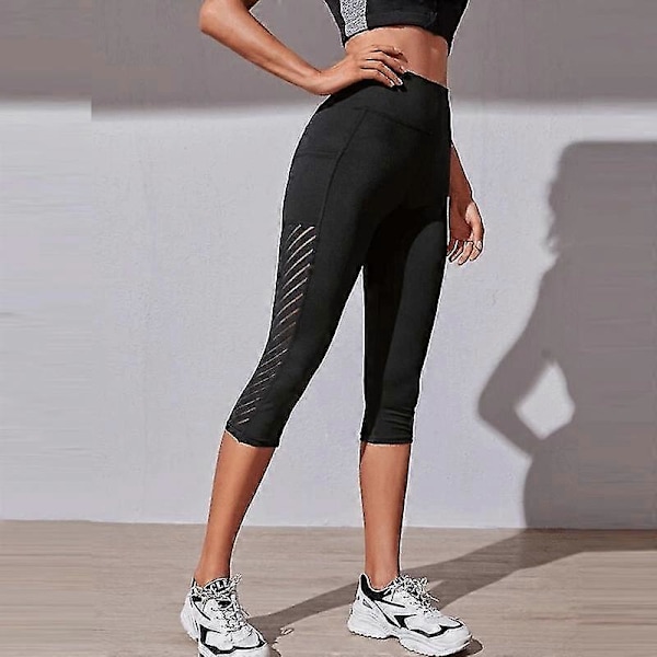 Sportsshorts Cropped Bukser Kvinde Fitness Nøgenhed Høj Talje Hofte Løft Løb Yoga Sidelommer Tights Hurtigtørrende Gym Sportstøj Black XL