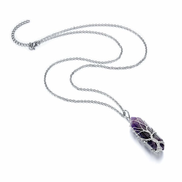 Livets träd genomskinligt kvartskristallhänge Silvertrådlindad ädelsten Healing Point Chakra Kvartshalsband för kvinnor män